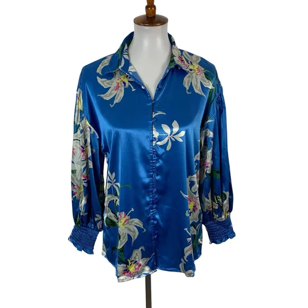Anthropologie Calligraphie Blouse Small Blue Long Sleeve Boho Resort - Image 2