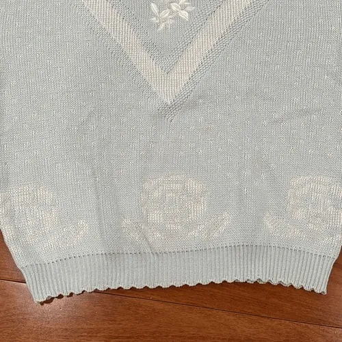 Isle of Cotton Knit Sweater Womens XL Mint Green Floral Embroidered Short Sleeve - Image 13