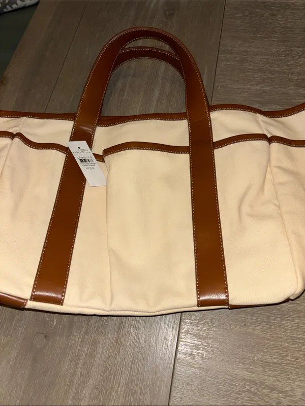 Ann Taylor Blush Canvas Tote with Brown Trim and Handles - Image 6