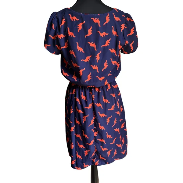 Peach Love California Dinosaur Print Dress Small Navy Orange Puff Sleeve Mini - Image 10