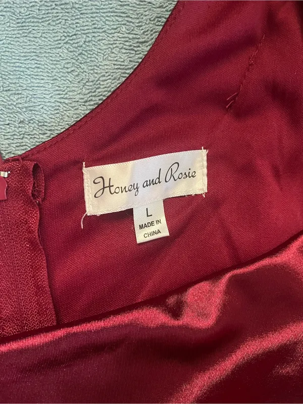 Honey and Rosie One-Shoulder Satin Dress in Burgundy - Image 2