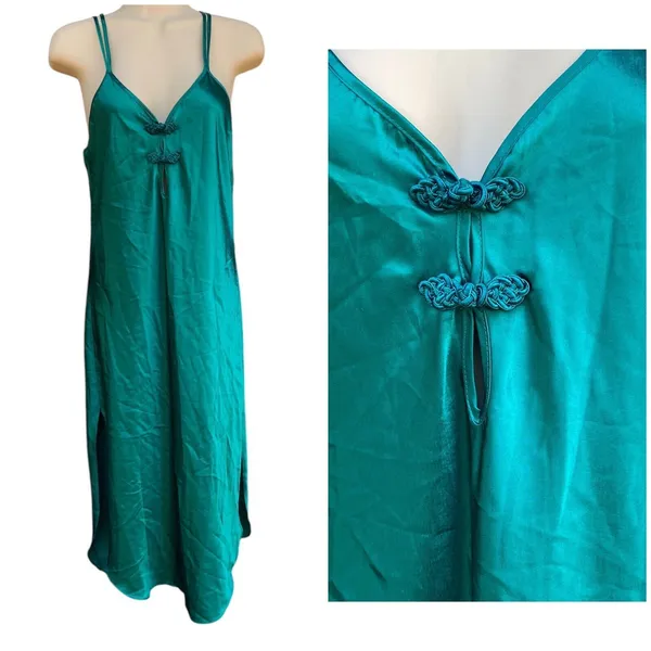 Vtg California Dynasty Emerald Green Satin Maxi Slip Dress Size S Chinese Knot - Image 4