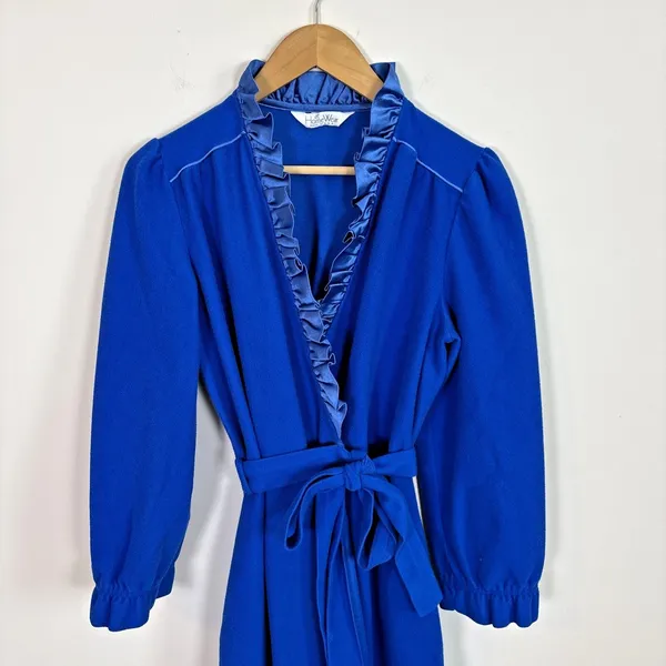 Vtg Sears At Home Wear Robe Womens Sz M Royal Blue‎ Ruffle Trim Long - Image 2