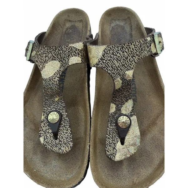 Birkenstock Gizeh Metallic Gold Splatter Leather Thong Sandals Brown EU 37 US 6 - Image 3