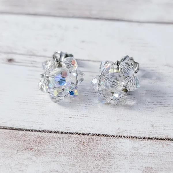 Vintage Clip On Earrings Clear Beads with Slight Iridescence - Image 2