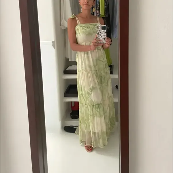 Line + Dot Green Tropical Maxi Dress MEDIUM Tiered Ruffle Cottage Vacation $115 - Image 10