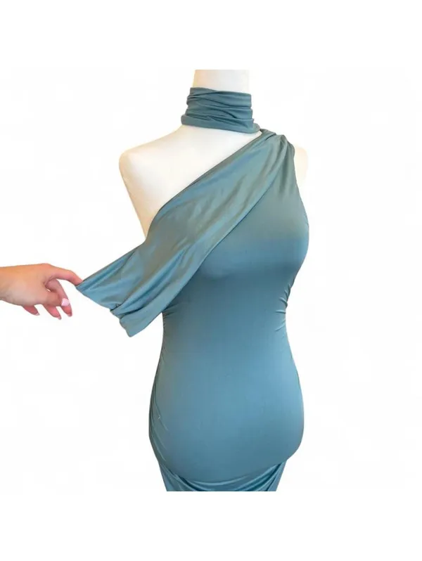 Oh Polly Sea Green One Shoulder Ruched Midi Dress | High Neck | US 2 - Image 4