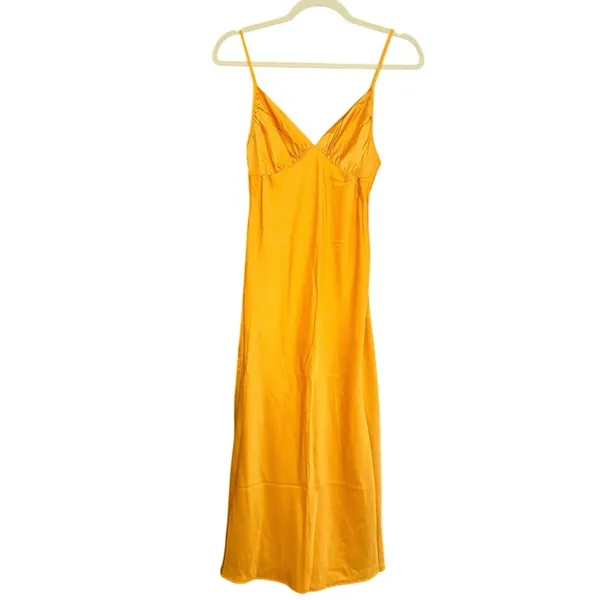 Abercrombie & Fitch Satin Midi Slip Dress Mustard Gold Bias Cut Ruched Bust XS - Image 2