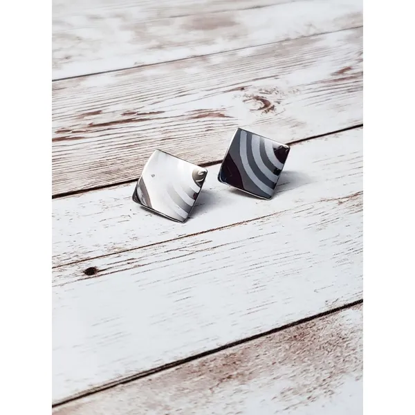 Vintage Clip On Earrings - Silver Tone Diamond Shape with Design - Image 7