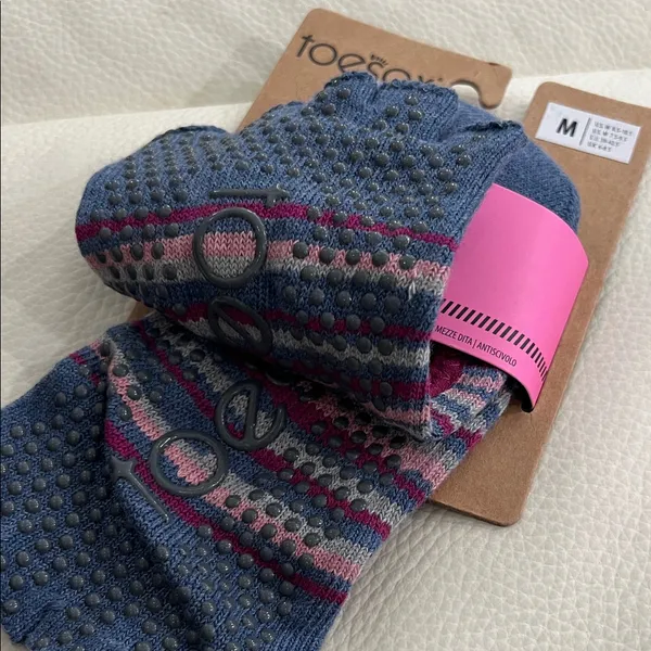 Toesox Elle Striped Toe Socks - Blue and Pink - Image 3