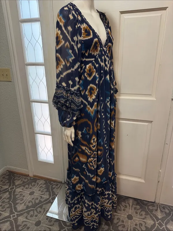 FARM Rio Pineapple Blue Ikat Maxi Dress Boho Long Sleeve Altered Length Small - Image 9