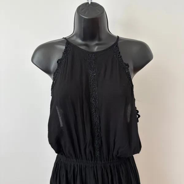 Free People Medium Black Romper Halter Neck Embroidered Gauze‎ Boho Festival - Image 4
