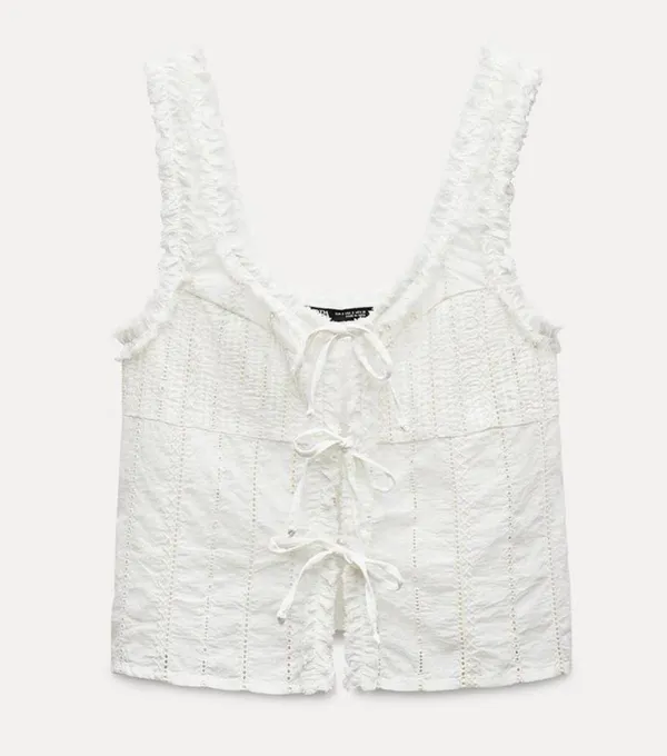 Zara Ruffle Eyelet Lace Tie Front Tank Top in White - XS - Image 3