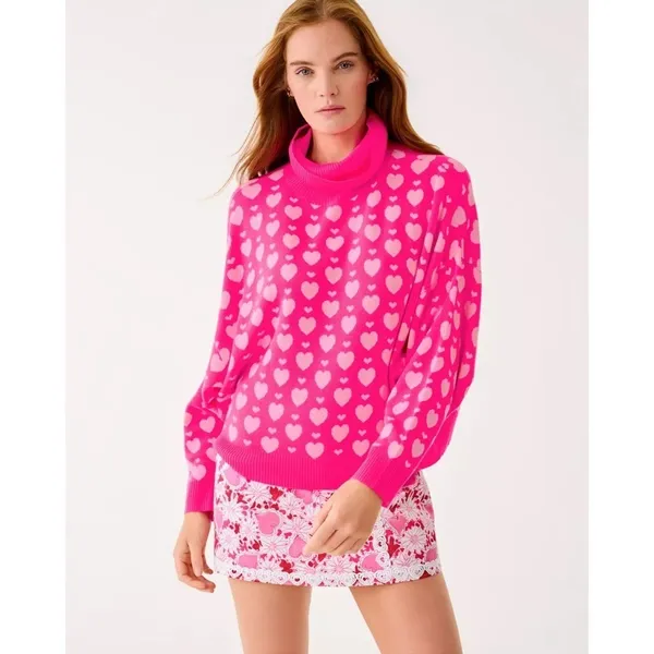 LILLY PULITZER Liggy Sweater Passion Fruit Pink Valentine‎ Heart Jacquard Small - Image 4