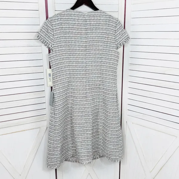Eliza J Spring Tweed Fringe Hem Fit‎ Flare Dress White Pink Black Size 12 - Image 11