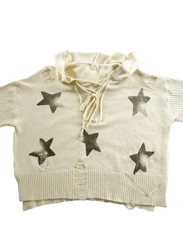 POL Distressed Star Print Knit Hoodie Sweater Cream Ivory Small Like New - Image 2