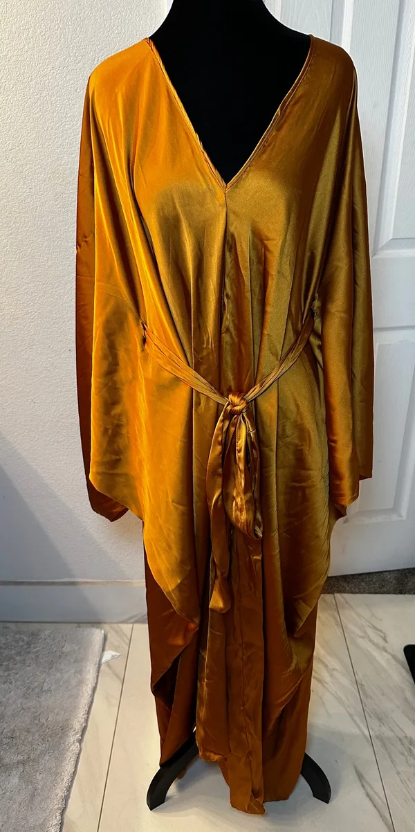 Anthropologie Dress Kaftan Satin Tie Front Gold - Image 2