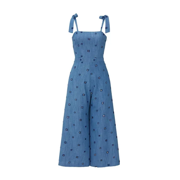 Hunter Bell Alex Denim Wide Leg Crop Jumpsuit Tie Straps With Side Zip‎ Size 0 - Image 4