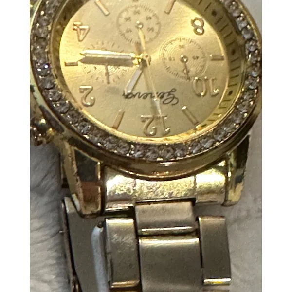 Geneva Gold Tone Rhinestone Bezel Faux‎ Chrono Quartz Analog Women's Wrist Watch - Image 5