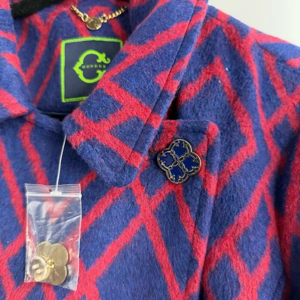 C. Wonder Geometric Diamond Print Coat Navy Red Brooch Women’s S NWOT - Image 2