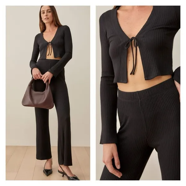 Reformation Mirabel Ribbed Hi Rise‎ Stretch Straight Leg Lounge Black Pants XS - Image 2