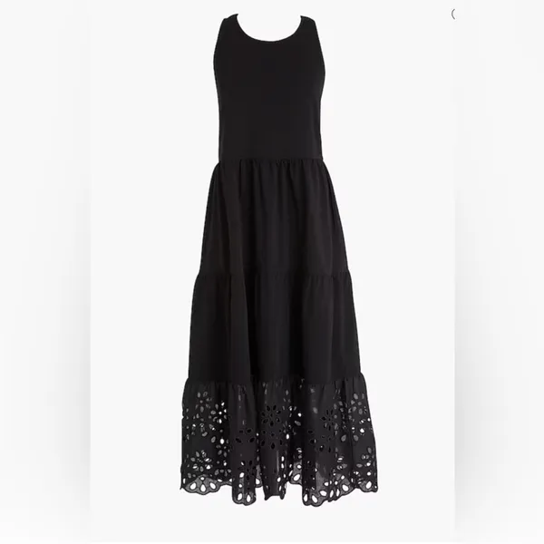 J. CREW Tiered Cotton Black Boho Eyelet Hem Summer Boho Long Dress S - Image 6