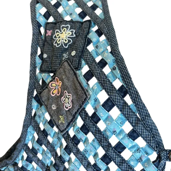 NAPA VALLEY Denim Vest SZ 1X Mixed Media Patches Open Weave Embroidery Western - Image 6