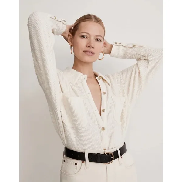 Madewell Waffle Knit Shacket Shirt Jacket Cream Off White Button Down XL - Image 4