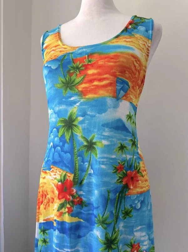 Vintage Y2K Tropical Hawaiian Print Lightweight Scoop Neck Sleeveless Maxi Dress - Image 5
