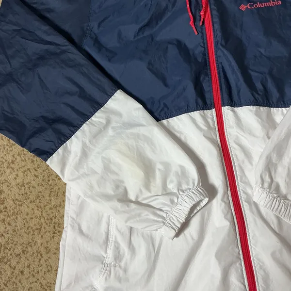 Columbia Windbreaker Jacket Womens Small Navy White Red Full Zip Hooded KL3010‎ - Image 2