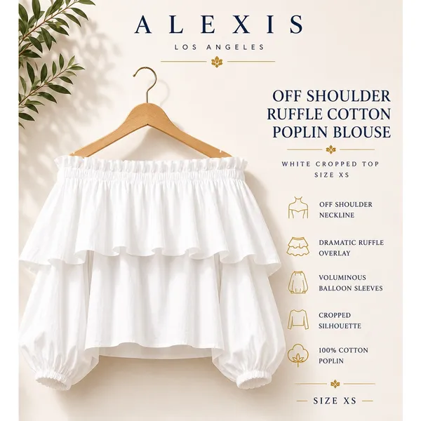 Alexis Off Shoulder Ruffle Cotton Poplin Blouse White Cropped Top XS - Image 8
