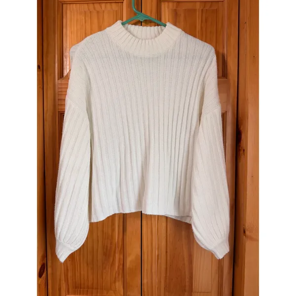 Princess Polly Mock Neck Ribbed Knit Sweater Cream White Cropped Slouchy‎ XS/S - Image 2