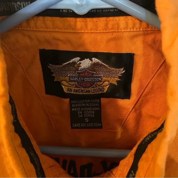 Harley Davidson Moto Sleeveless Orange Button Down Shirt Size Small - Image 3