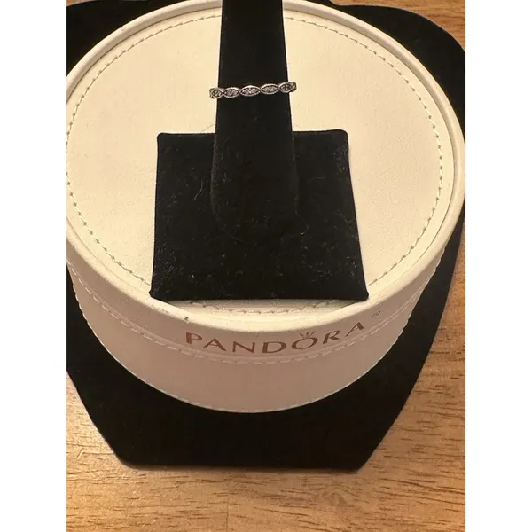Authentic PANDORA Sparkling Leaves Silver Band~Ring 190923CZ Size 7.75 Stacking - Image 2