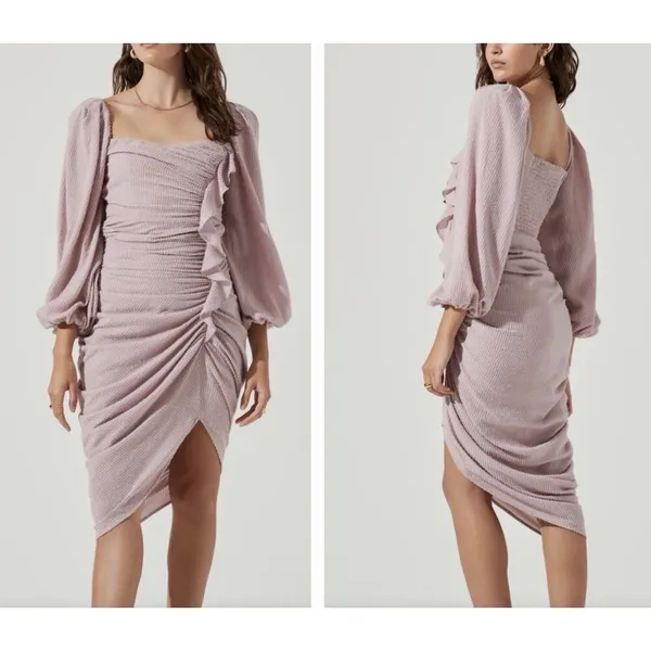 ASTR the Label Athens Ruched Puff Sleeve Shimmer Midi Dress Pink S - Image 2