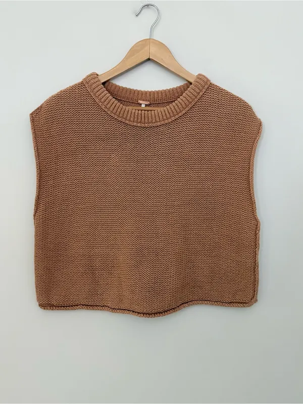 Free People Knit Sweater Vest XS Brown Cotton Cropped Chunky Knit Boho - Image 2