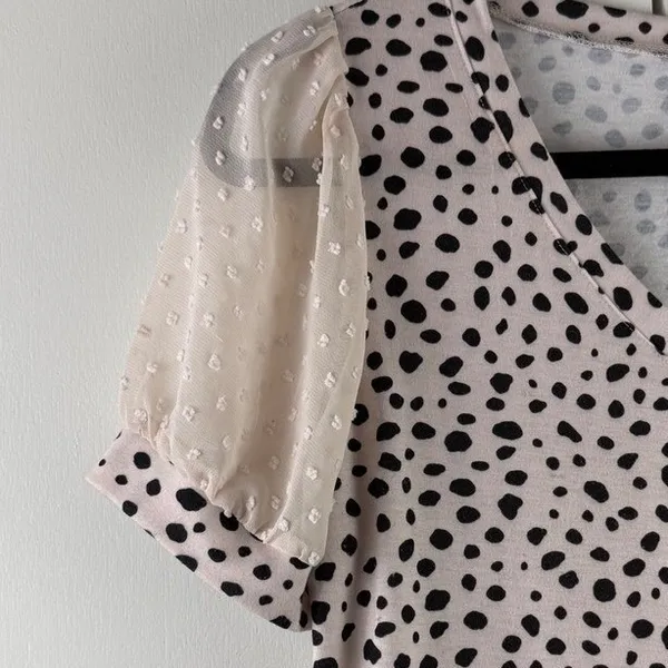 Tan Beige Black Dalmatian Print V Neck Blouse Sheer Swiss Dot Mesh Puff Sleeve S - Image 2
