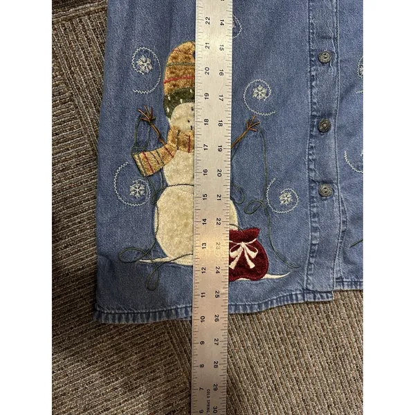 Snowman Jean Shirt Endless Design Women’s Medium Winter Tree Blue Button Down - Image 7