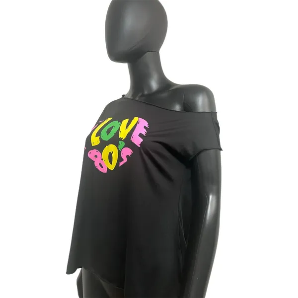 JusinCostume I Love 80s Shirt L 95% Poly‎ Black Off-Shoulder Tee - Image 3