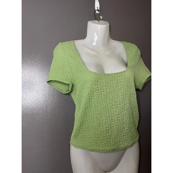Madewell Shirt Womens Medium Green Textured Square Neck Short Sleeve Knit Top - Image 2