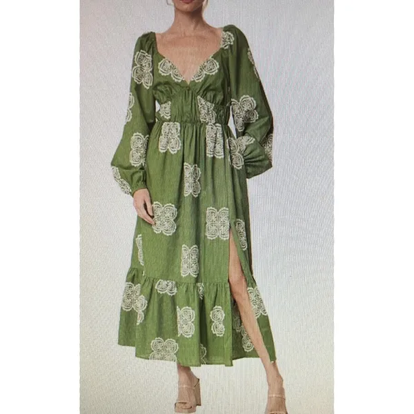 CIEBON Serbita green white Embroidered tiered peasant Dress Size Small Linen - Image 12