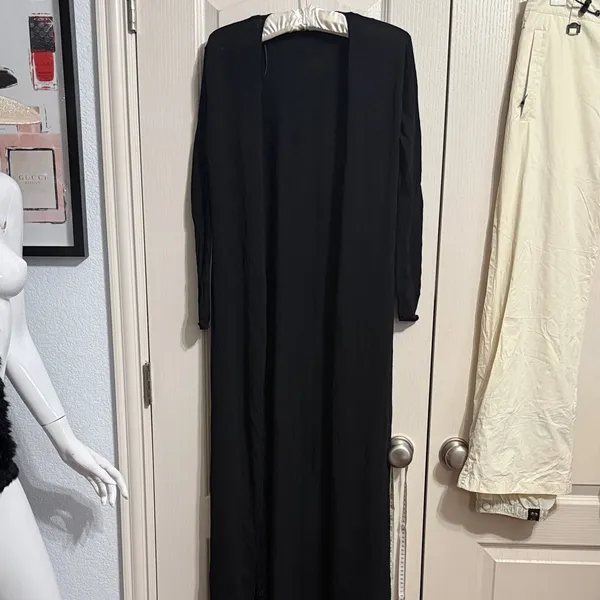 Zara Knit Black Long‎ Sleeve Fringe Wrap Maxi Dress Minimalist - Image 2