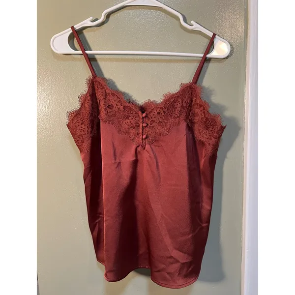 Abercrombie & Fitch Womens Sz Small Satin Lace Trim Cami Dusty Rose Pink Buttons - Image 2