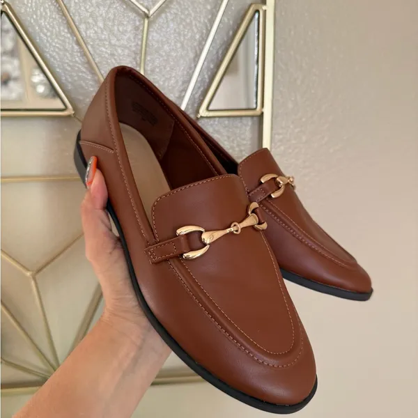 LOFT Horsebit Loafers Cognac Brown Gold Bit Size 6 Vegan Leather Classic Preppy - Image 3