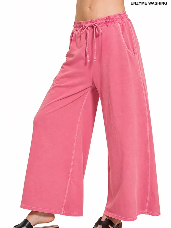 NEW Fuchsia Pink Cotton French Terry Pigment Dye Wide Leg Pants Large - Image 2