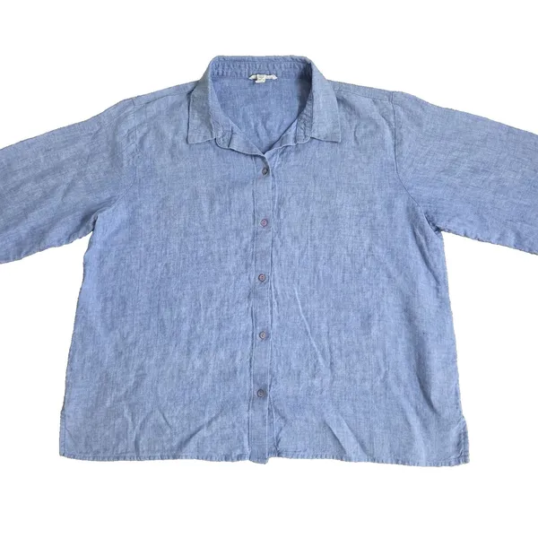 Eileen Fisher 100% Organic Linen Blue Button Down Top Size L Half Sleeve Boxy - Image 4
