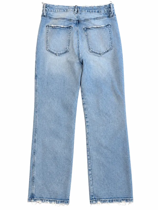Good American Jeans 12/31 High Rise Straight Leg Light Wash Distressed Raw Hem - Image 3
