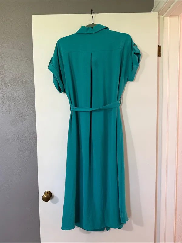 She + Sky Teal Button-Front Midi Shirt Dress with Tie Waist - Image 6