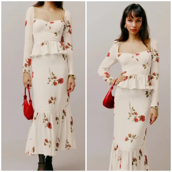 Reformation Zandra Dress American Beauty Floral Ivory Red Roses - Image 3