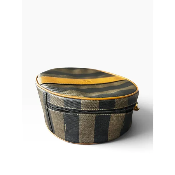 Fendi Pequin Canvas Round Hatbox Bag 10" Brown Black Vintage 80s Crossbody - Image 2